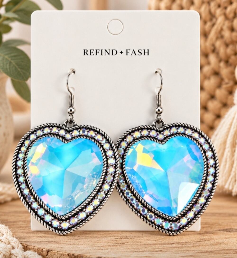 Bling Blue AB Stone Heart Earrings New